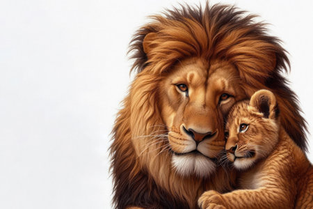 A small lion cub snuggles up to a large lion. Space for textの素材