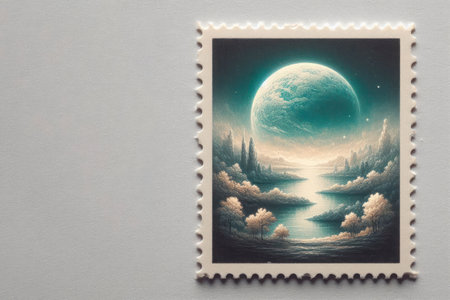 Postage stamp with a futuristic landscape. Space for textの素材