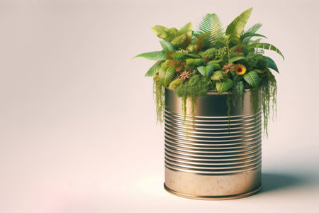 Tropical plants growing from a metal can. Space for textの素材