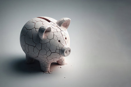 A cracked piggy bank on a clean background. Space for textの素材
