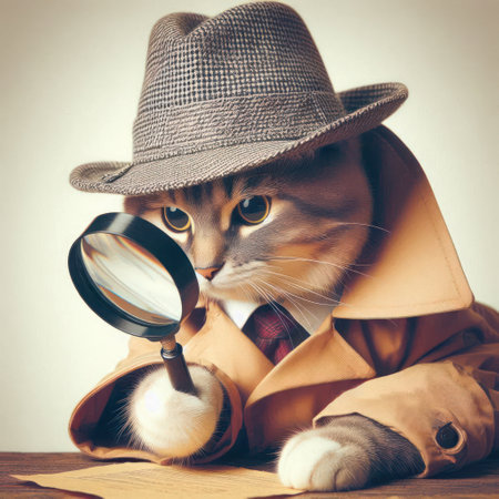The cat detective looks through a magnifying glassの素材