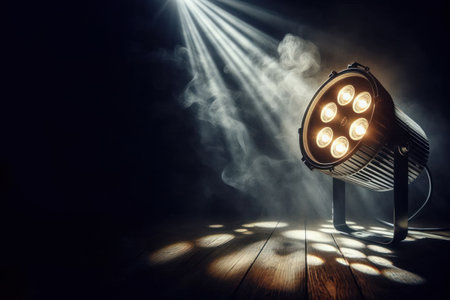 A floodlight illuminated by light rays. Space for textの素材