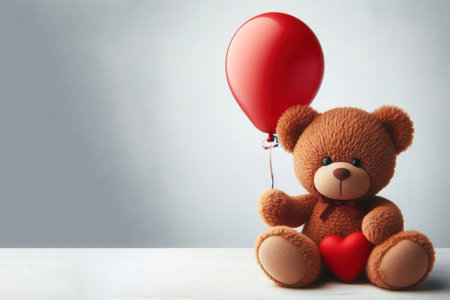 Cute toy sitting bear with balloon. Space for textの素材