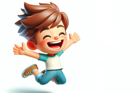 Joyful little boy jumping. Space for textの素材