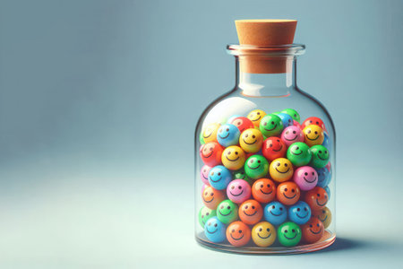 A glass bottle filled with multi-colored, smiling balls. Space for textの素材