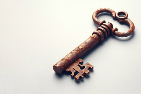 A rusty key on a clean background. Space for textの素材