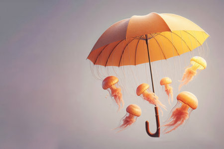 Jellyfish flying around an umbrella. Space for textの素材