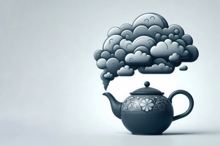 Large clouds of steam rising from the spout of the kettle. Space for textの素材