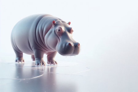 Hippopotamus standing on thin ice. Space for textの素材
