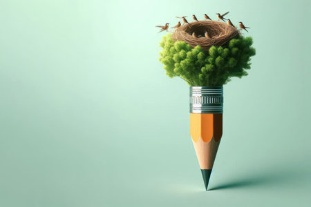 A pencil with a bird's nest at the end. Space for textの素材