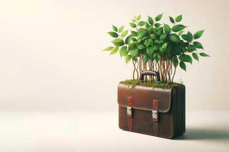 Plants growing on top of the briefcase. Space for textの素材