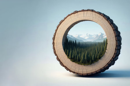 Beautiful landscape of forest and mountains on a cut tree. Space for textの素材