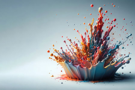 Flying, multi-colored paint splatters hitting the surface. Space for textの素材