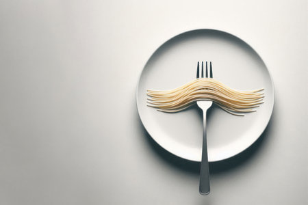 Spaghetti lying on a fork with a plate. Space for textの素材