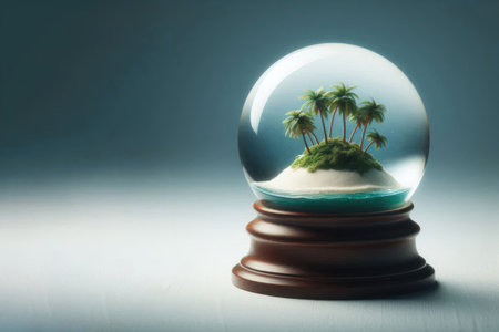 A small island with palm trees inside a glass ball. Space for textの素材
