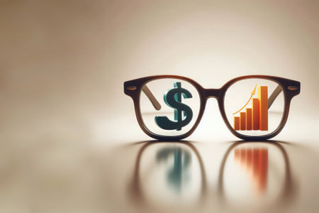 Glasses in the lenses of which the dollar and chart are displayed. Space for textの素材