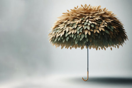 An umbrella made of tree leaves. Space for textの素材