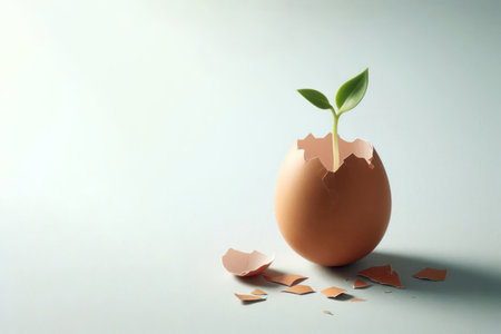 A small plant grows from a broken egg. Space for textの素材