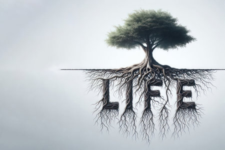 The word LIFE in the form of the roots of a growing tree. Space for textの素材
