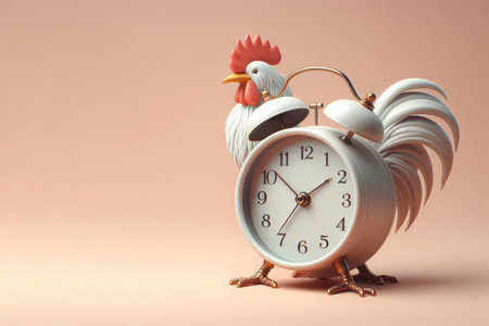 Alarm clock against the background of a rooster. Space for textの素材