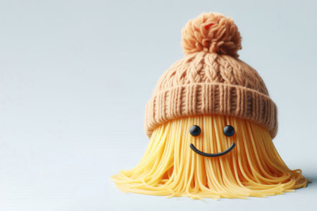 Spaghetti in a warm hat and with a smile. Space for textの素材