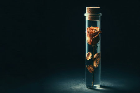 A rose in a test tube on a dark background. Space for textの素材