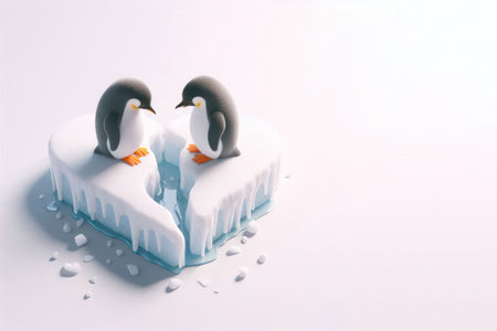 Two penguins on a split heart-shaped ice floe. Space for textの素材