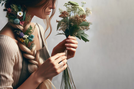 Girl with flowers in her braided hair. Space for textの素材