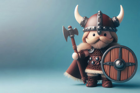A toy Viking with a shield and an ax on a clean background. Space for textの素材