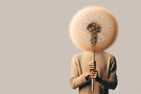 A man with a dandelion instead of a head on a plain background. Space for textの素材