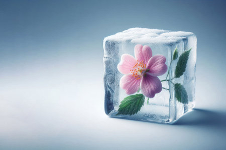 Flower frozen in an ice cube. Space for textの素材
