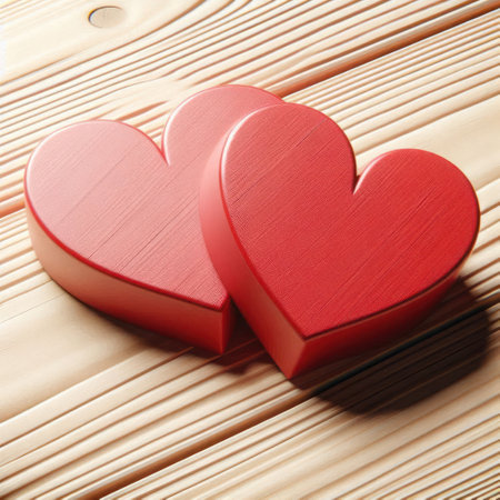 Two red hearts on a textured wooden surfaceの素材