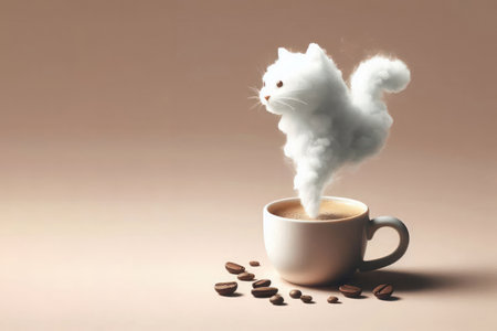 Steam rising from a cup of coffee in the form of a cat. Space for textの素材