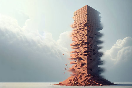 A crumbling brick tower. Space for textの素材
