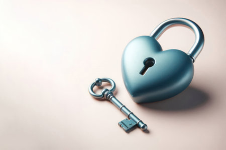 Heart lock with key on a clean background. Space for textの素材