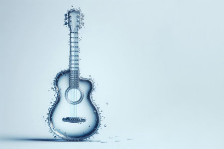 A guitar made of water with bubbles, isolated on a light background. Space for textの素材