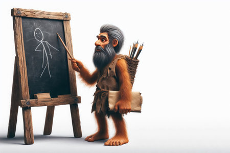 A primitive man standing near a blackboard. Space for textの素材