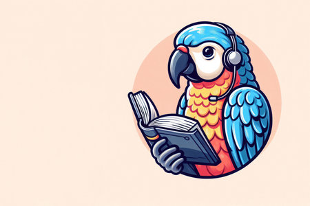 A parrot is reading a book in headphones. Space for textの素材