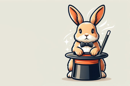 Cute rabbit near a hat with a magic wand. Space for textの素材