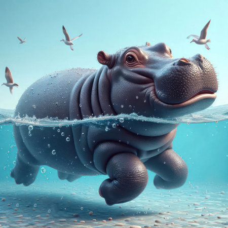 A swimming hippopotamus and birds flying from aboveの素材