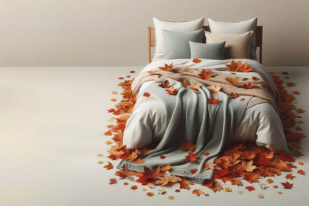 Bed with autumn leaves and blanket. Space for textの素材