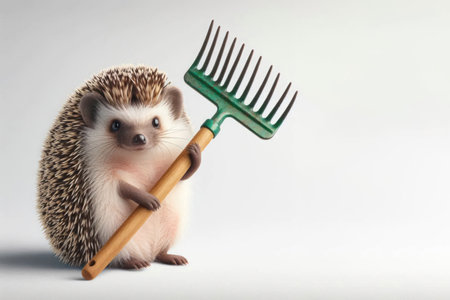 Hedgehog with a garden rake. Space for textの素材