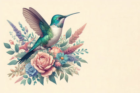 Hummingbird and flower bouquet on a light background. Space for textの素材