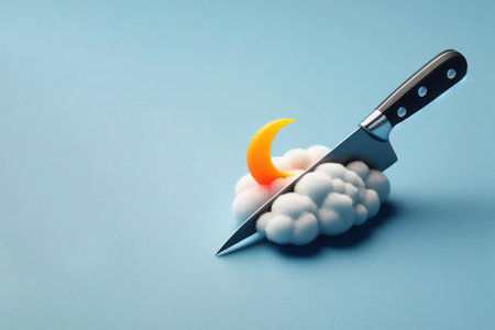 Kitchen knife cutting a cloud with a crescent moon. Space for textの素材