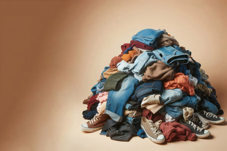 A pile of clothes and shoes. Space for textの素材