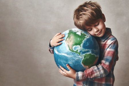 Boy hugging the globe on a gray background. Space for textの素材