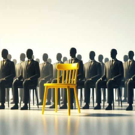 A yellow chair among identical dark figures. Space for textの素材