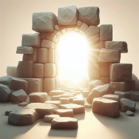 Rays of light coming through an arch made of stonesの素材
