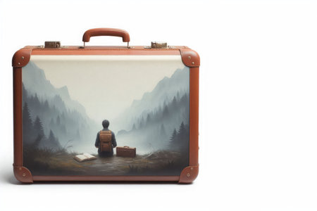A suitcase with the image of a man sitting among the mountains. Space for textの素材