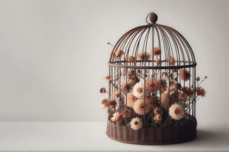 Flowers in a cage on a light background. Space for textの素材